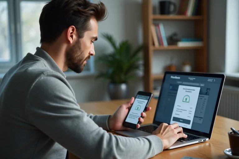Homme utilisant un ordinateur portable et un smartphone pour rattacher un forfait Free Mobile à sa Freebox dans un bureau à domicile moderne