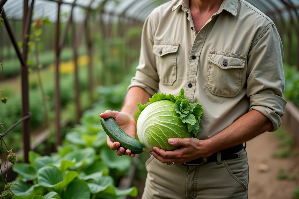 Homme récoltant un concombre et une salade fraîchement cueillis dans son potager avec des carrés de culture en arrière-plan