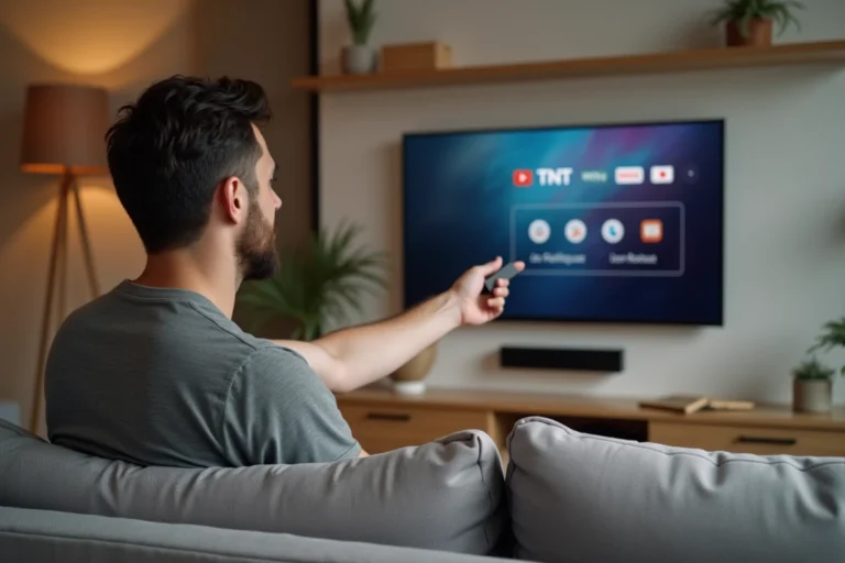 Homme utilisant un Xiaomi Mi TV Stick pour regarder les chaînes TNT sur une télévision dans un salon moderne