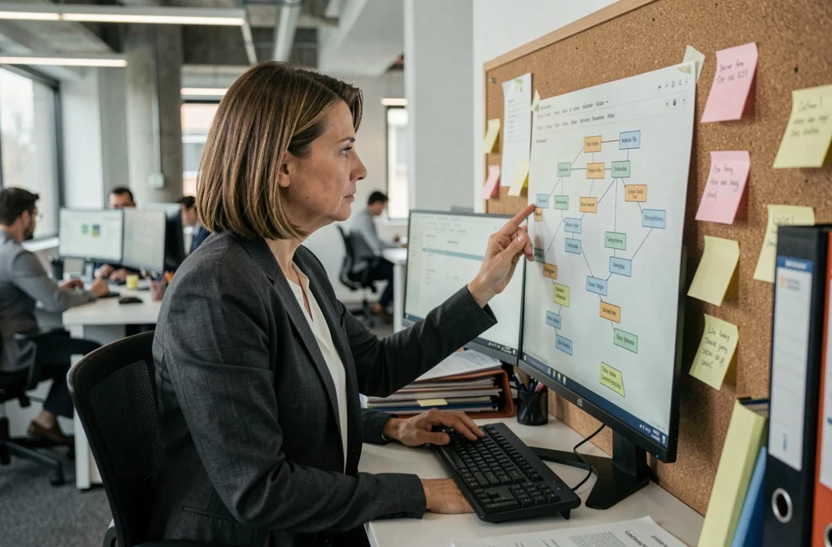 Responsable analysant un organigramme de gouvernance dans un bureau en open space pour comprendre les missions d'un bureau propriétaire ITEA