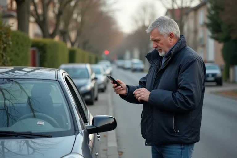 Un homme photographiant la plaque d'immatriculation d'une voiture sans contrôle technique dans une rue résidentielle française