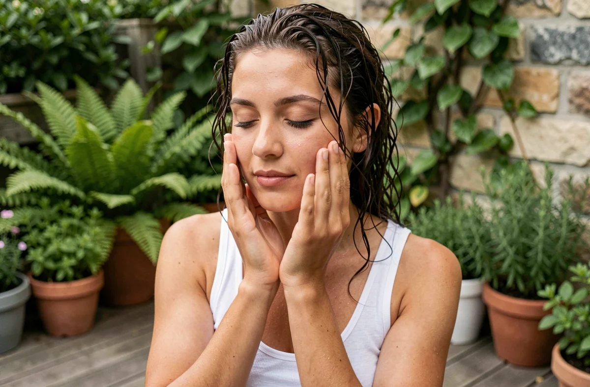 Jeune femme aux cheveux bouclés naturels appliquant une huile visage sur une terrasse entourée de plantes vertes dans un jardin luxuriant