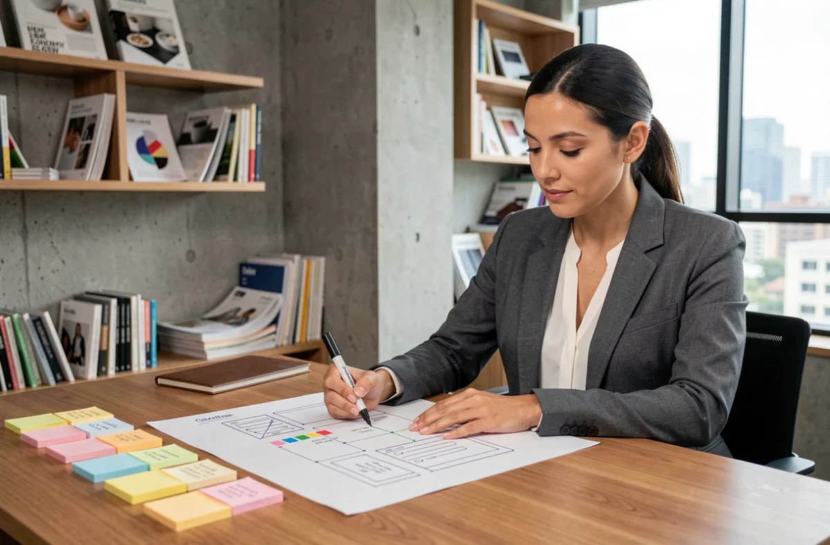 Femme en blazer dessinant la structure d'un site web sous forme de wireframe sur papier dans un bureau éditorial moderne