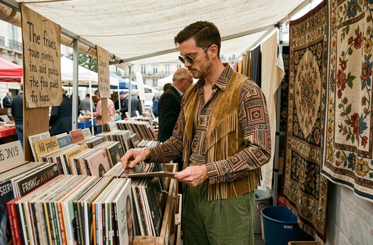 Homme en pantalon large en velours côtelé et gilet à franges explorant un marché aux puces parisien dans un look hippie revisité pour 2026