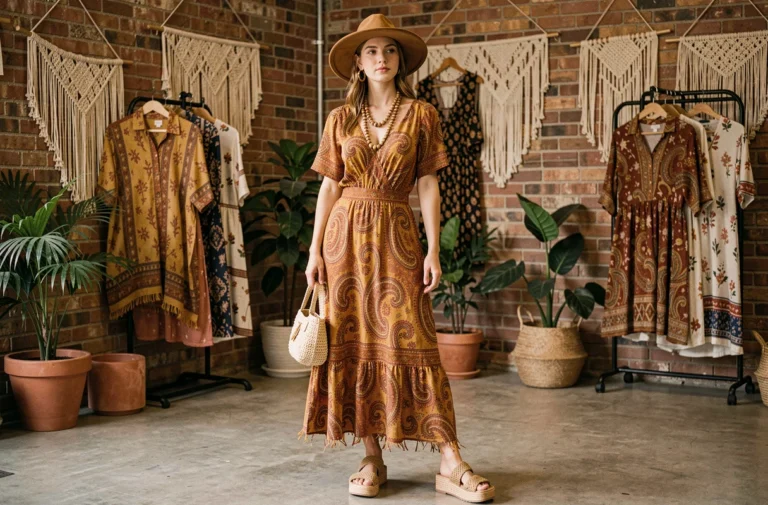 Femme en robe maxi bohème à motifs paisley et chapeau à larges bords incarnant le retour du style hippie des années 70 dans la mode 2026
