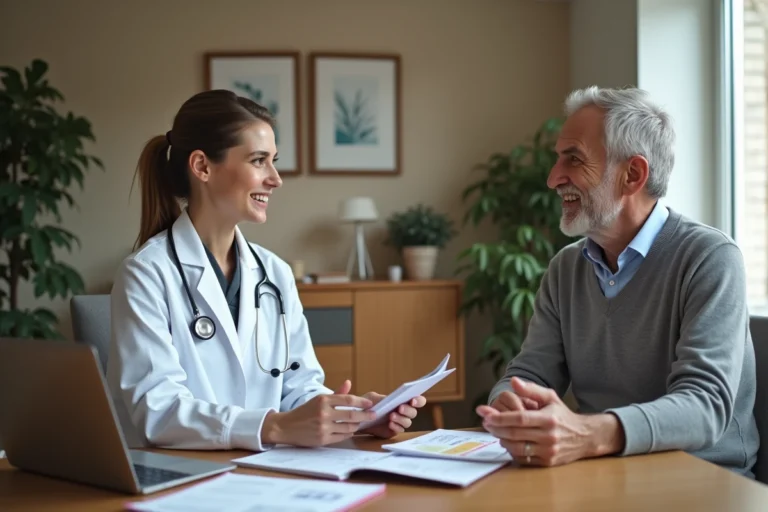 Médecin généraliste en consultation avec un patient âgé, illustrant le suivi médical personnalisé et la relation de confiance entre soignant et patient