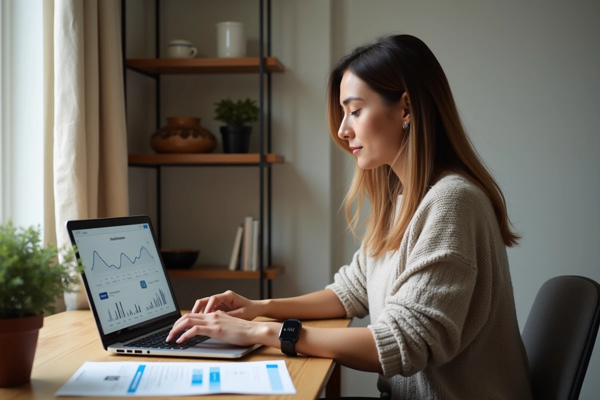Femme analysant ses données de santé sur ordinateur avec un bracelet connecté au poignet, soulevant la question entre suivi autonome et surveillance médicale numérique