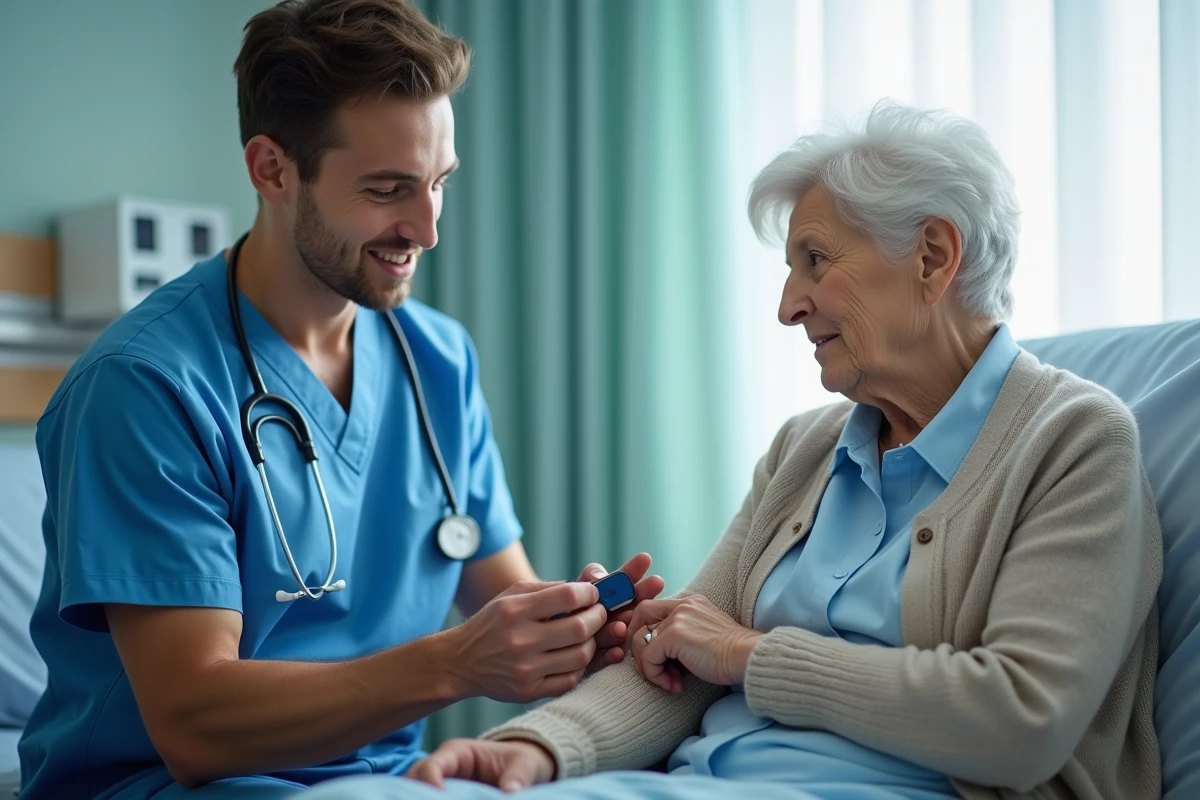 Infirmier posant un dispositif de surveillance médicale sur une patiente âgée en milieu hospitalier, illustrant la frontière entre monitoring clinique et suivi de santé