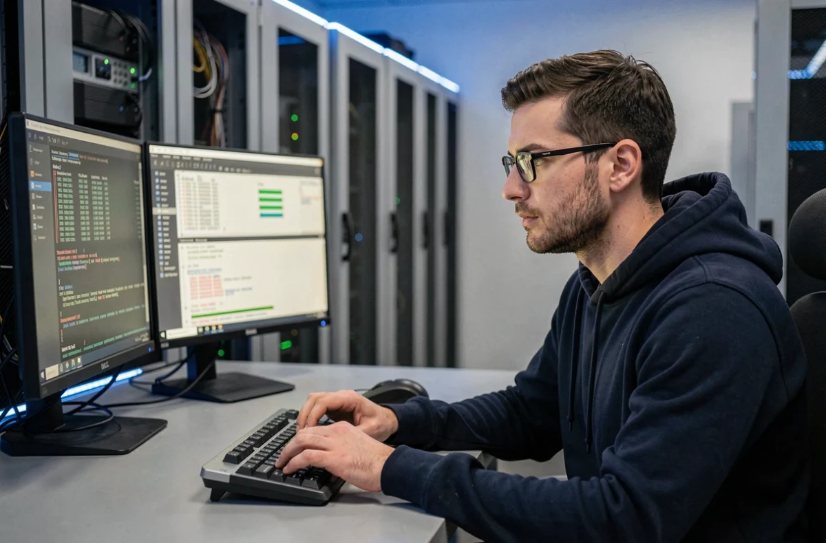 Technicien en sécurité informatique analysant des requêtes DNS et des ports TCP sur plusieurs moniteurs dans une salle de serveurs moderne