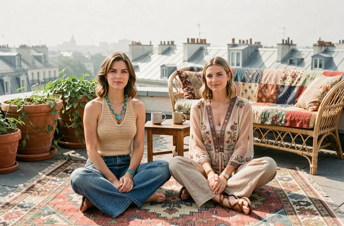 Deux femmes en tenues bohèmes inspirées des années 70 assises sur un tapis kilim sur un rooftop parisien, illustrant la tendance hippie chic de la mode 2026