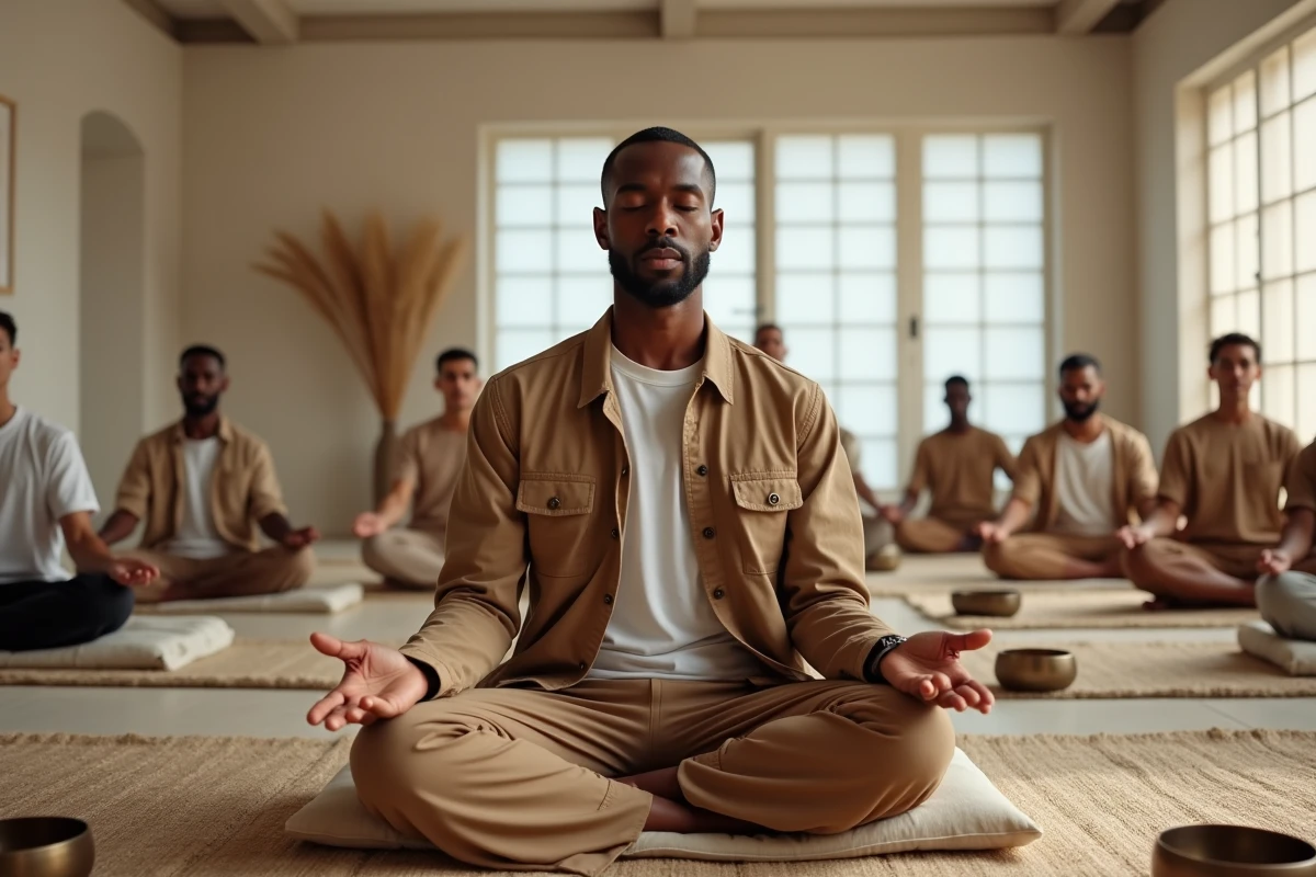Homme pratiquant la méditation lors d'une séance de bain sonore dans un studio de bien-être minimaliste inspiré des cultures du monde
