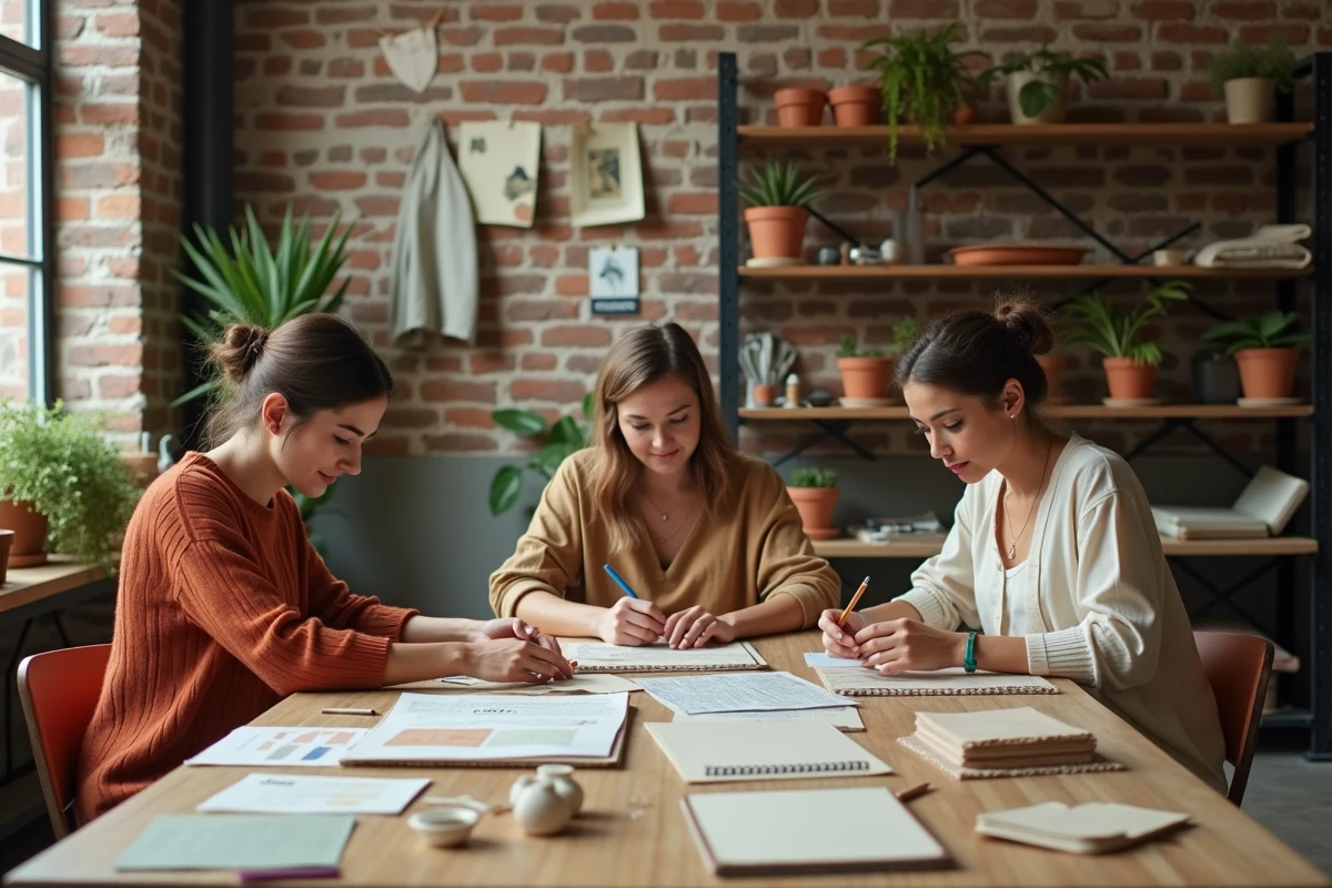 Trois femmes collaborant sur un projet créatif artisanal mêlant textile et céramique dans un studio de co-création contemporain