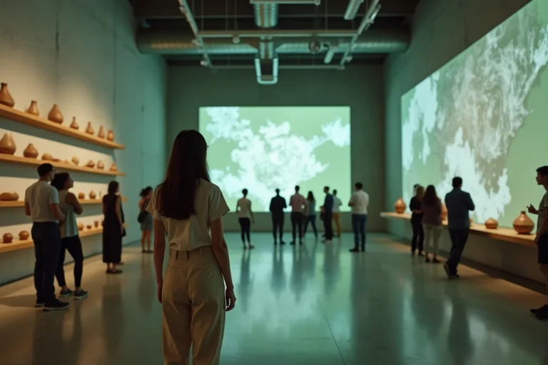 Jeune femme explorant une installation artistique numérique dans une galerie d'art contemporain au design industriel