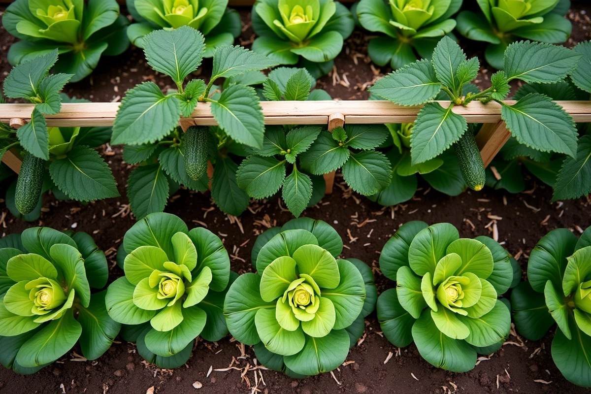 Vue aérienne d'un carré potager avec concombres sur treille en bambou et salades en culture associée sous les feuilles